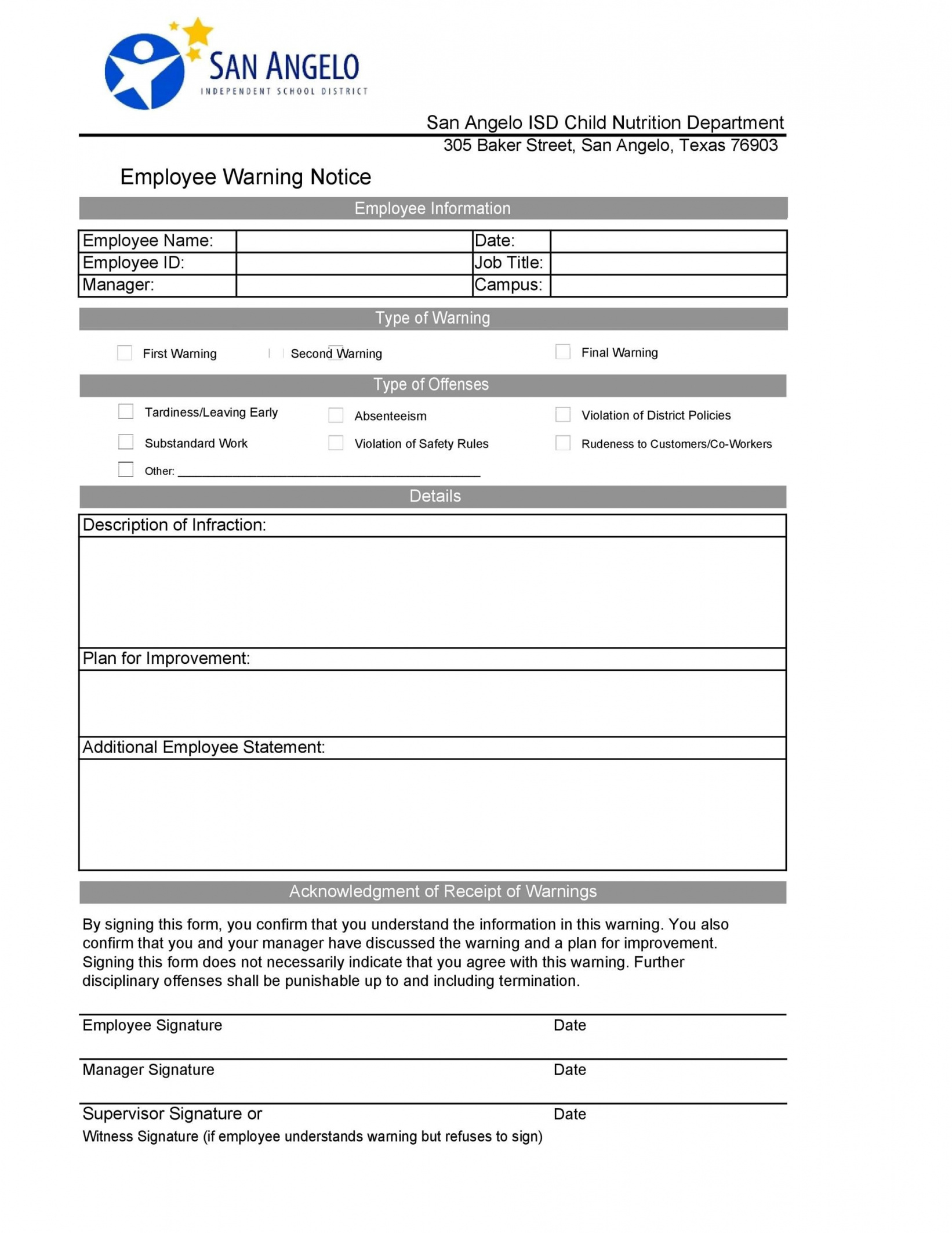 Template For Employee Warning Notice  Sample