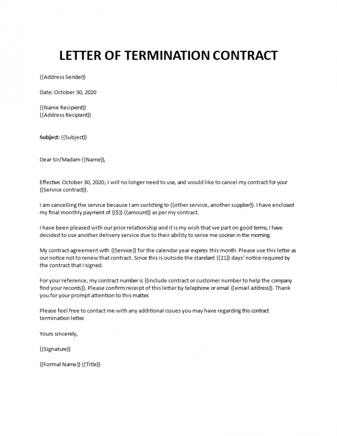 Costum Termination Of Contract Notice Template Pdf Example