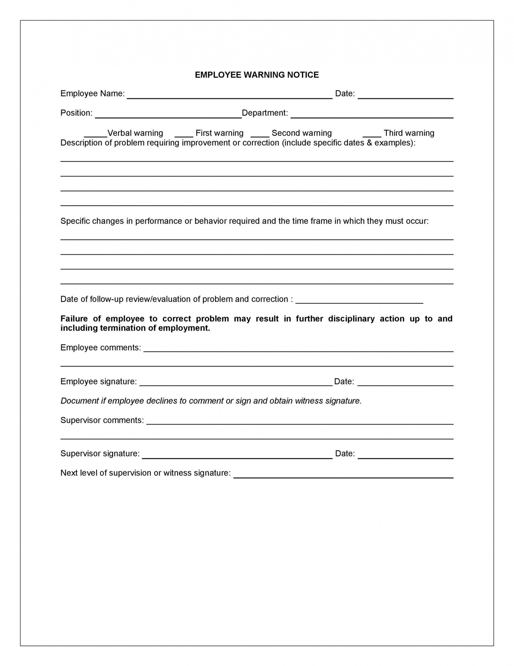 Printable Written Warning Notice Template  Sample