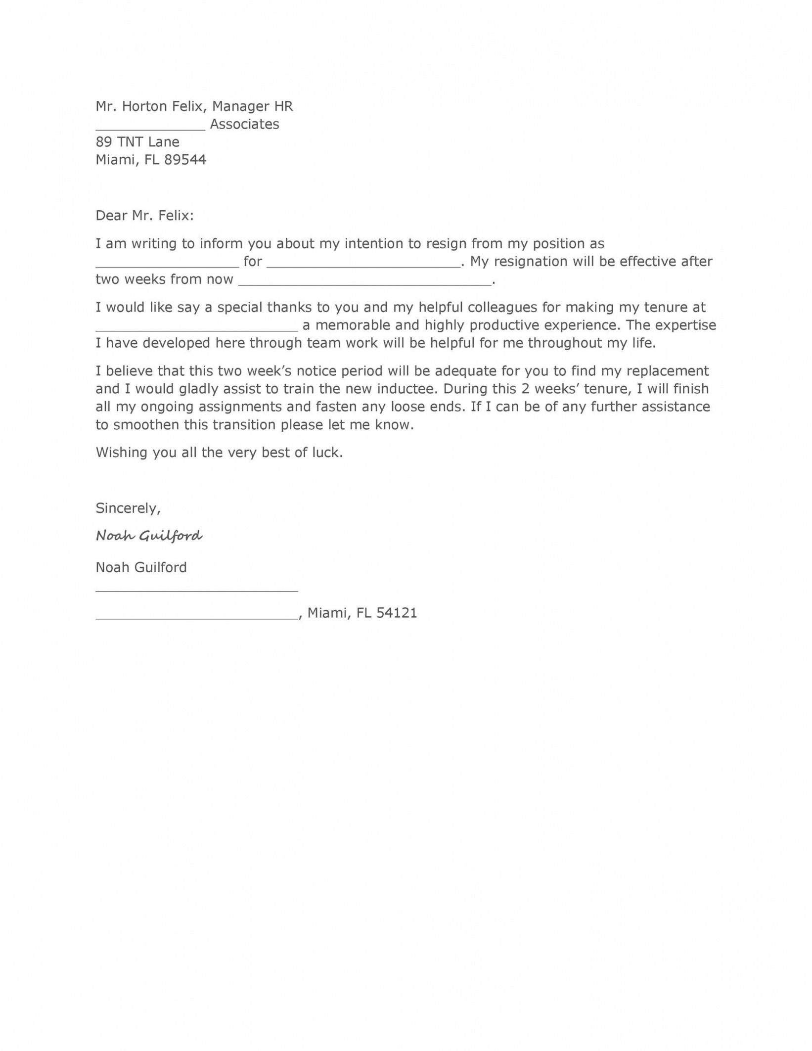 Printable Leaving Job Notice Letter Template Word Example