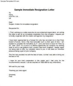 Costum Resignation Letter With Immediate Effect No Notice Template  Sample