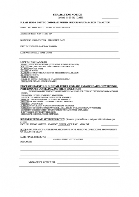 Costum Tennessee Separation Notice Template Word Sample
