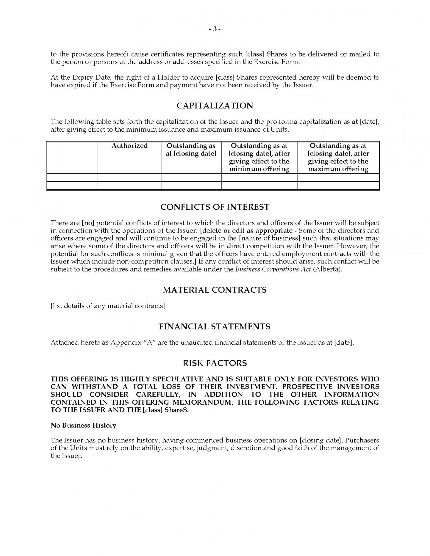 Offering Memorandum Template Excel Sample