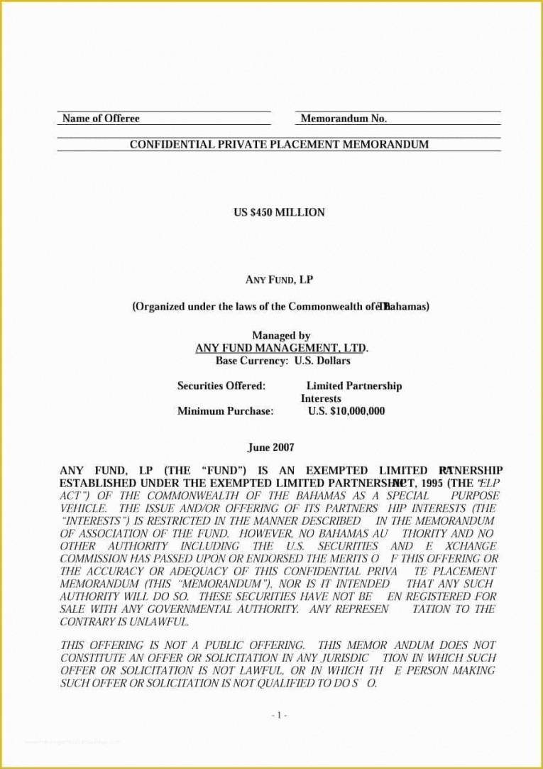 Printable Offering Memorandum Template Pdf Sample Tacitproject 7219