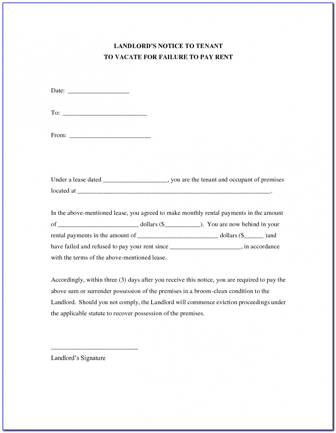 landlord to tenant 60 day notice to vacate sample letter