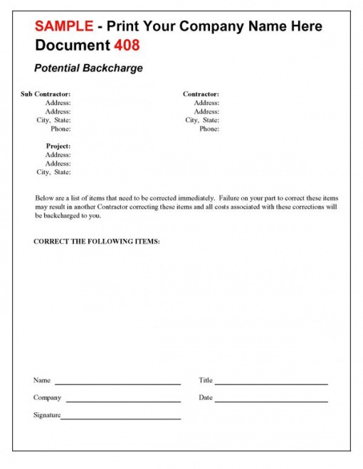 Costum Construction Back Charge Notice Template Doc Sample - Tacitproject