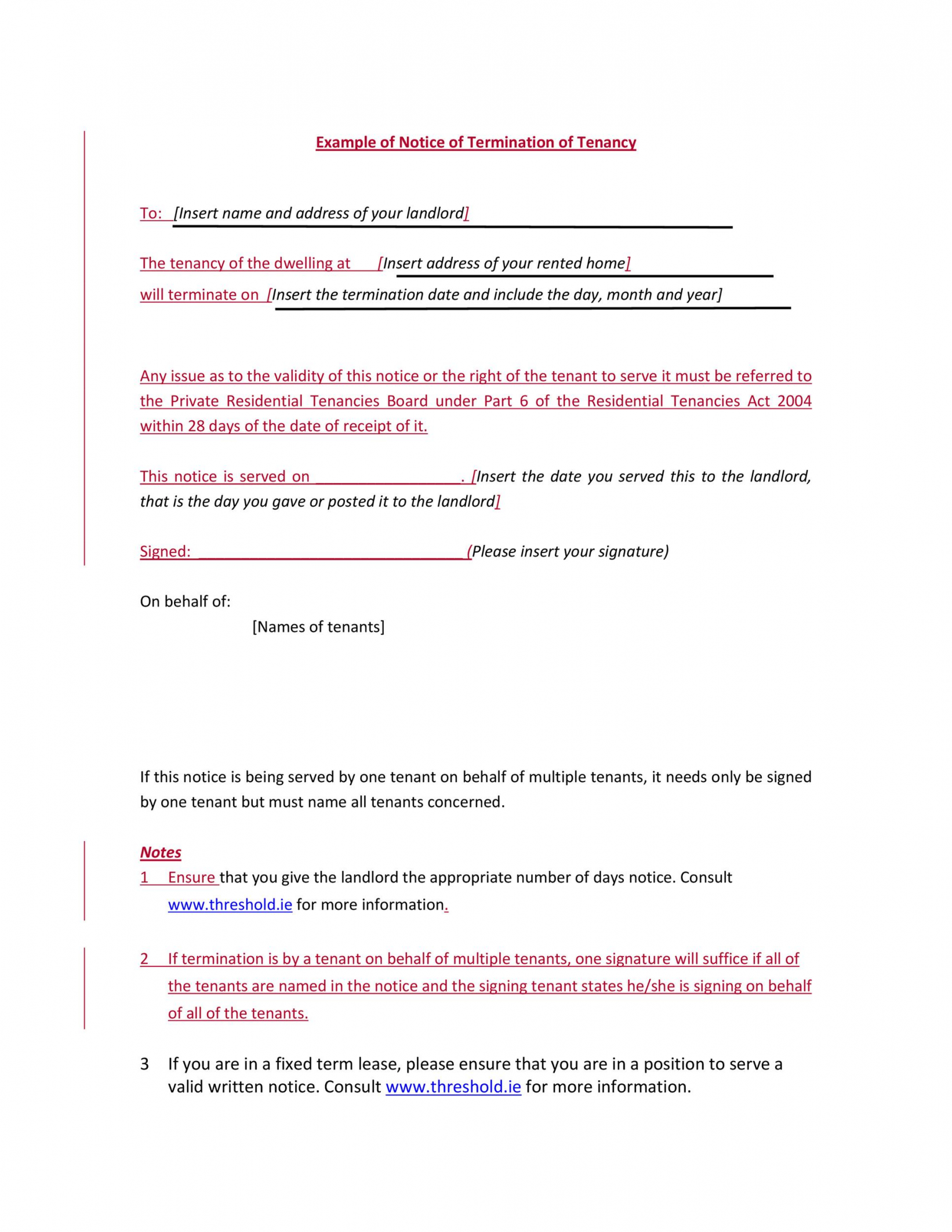 Printable Tenancy Termination Notice Template Tacitproject