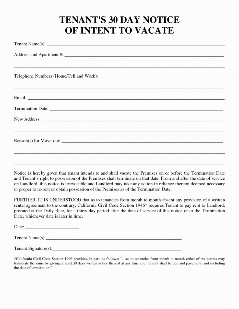 Professional 30 Day Notice For Landlord Template Pdf Sample