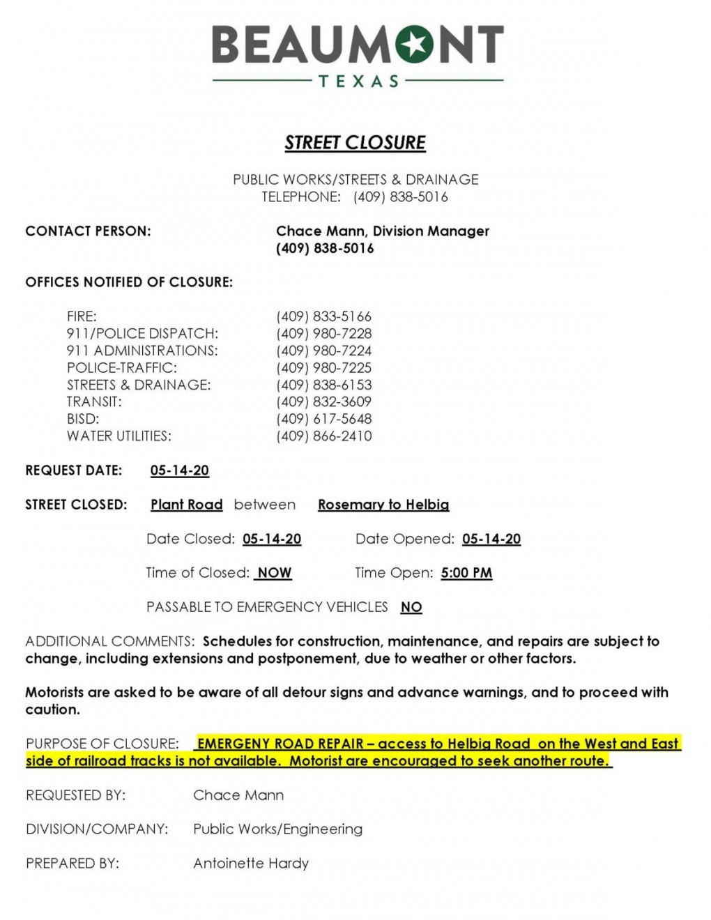 Professional Road Closure Notice Template Doc Sample - Tacitproject