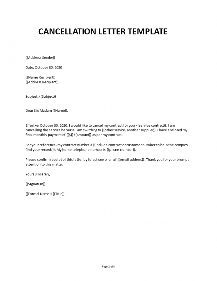 Professional Service Cancellation Notice Template