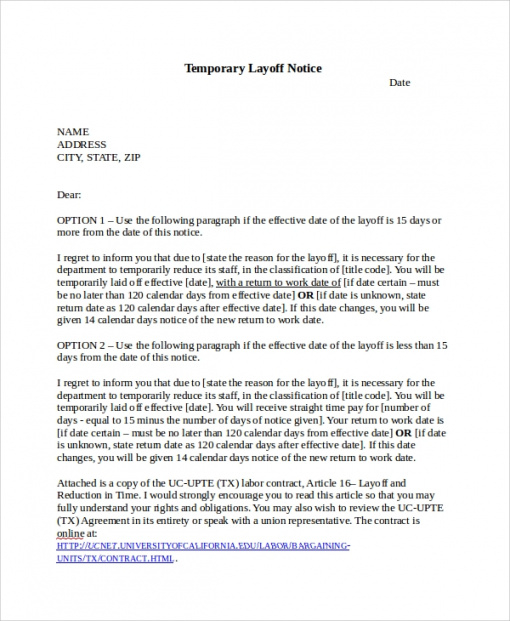 Professional Temporary Layoff Notice Template Ontario Word