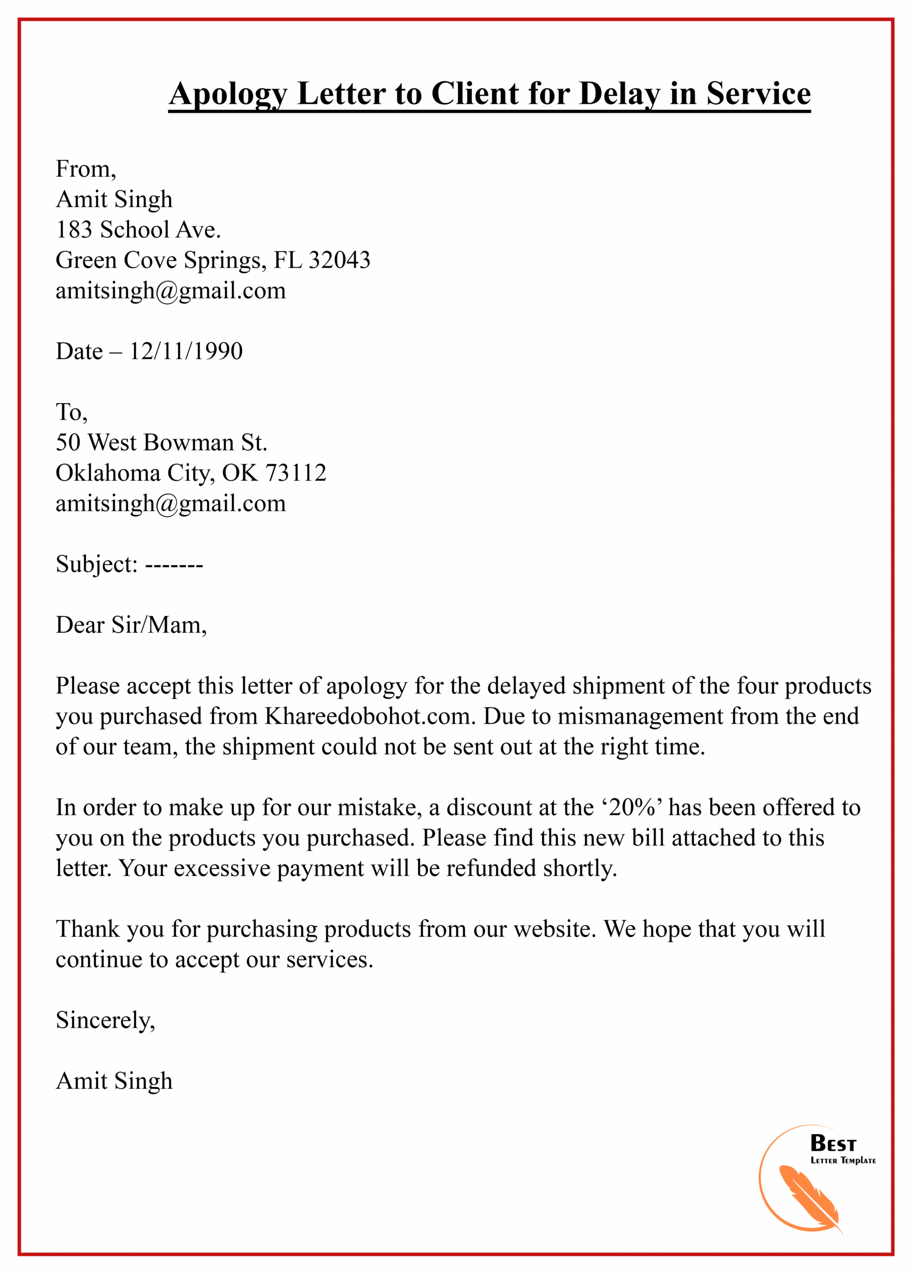 Delayed Payment Letter Example