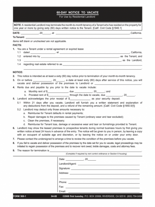 Tenant 60-Day Notice To Vacate Template Pdf Sample