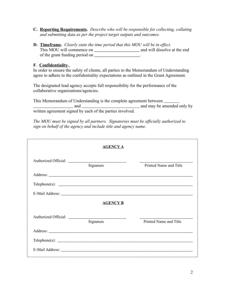 Printable Business Memorandum Of Understanding Template PDF - Tacitproject