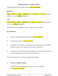 Printable Memorandum Of Understanding Between Two Companies Template Excel Example