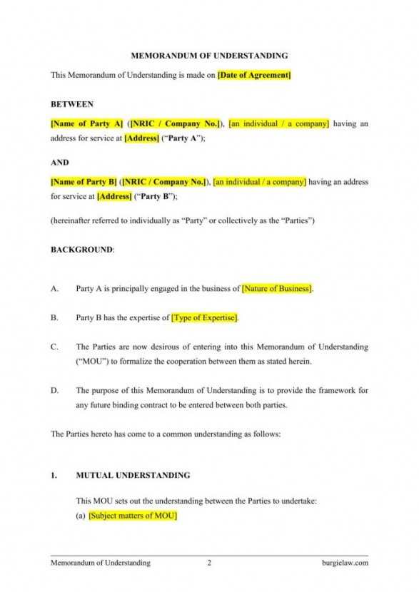 Printable Memorandum Of Understanding Between Two Companies Template Excel Example