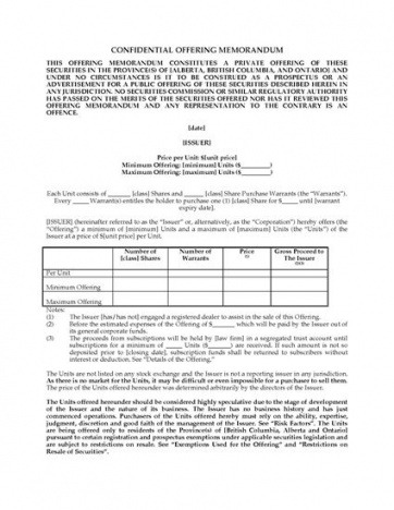 Printable Offering Memorandum Investment Template Doc Sample