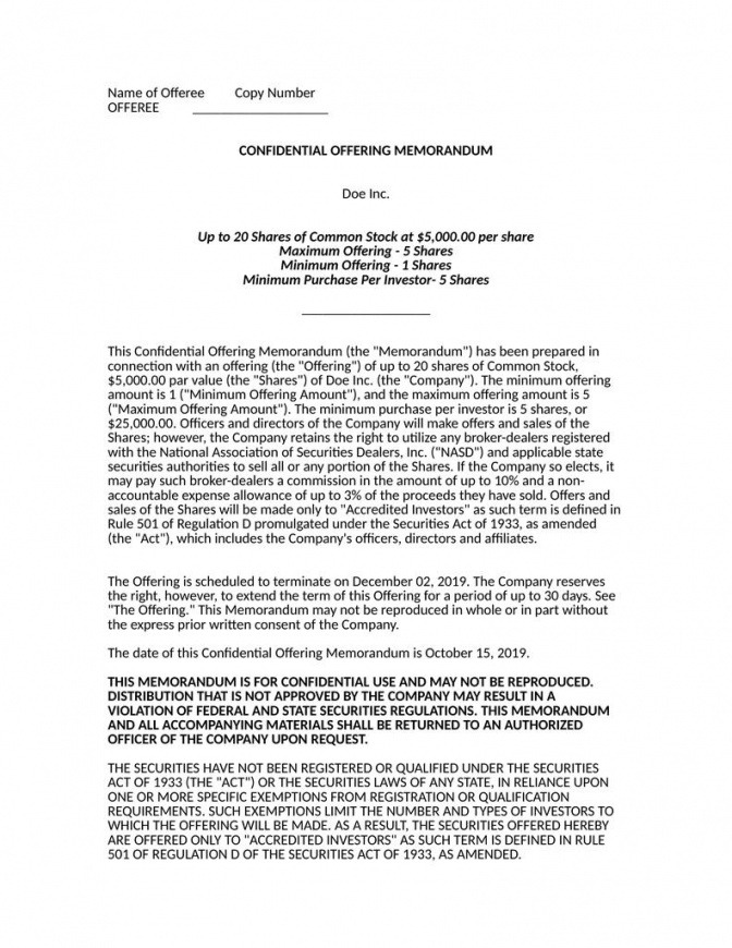 Professional Offering Memorandum Investment Template PDF Sample