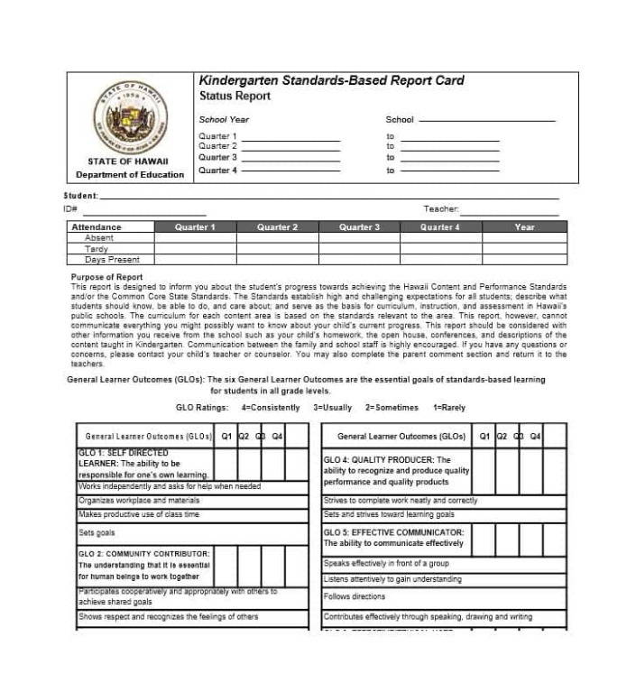 Costum Kindergarten Report Card Template Doc Sample