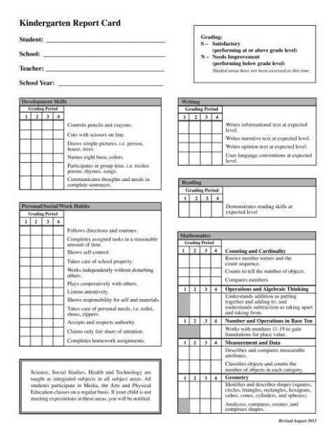 Costum Kindergarten Report Card Template PDF Sample - Tacitproject