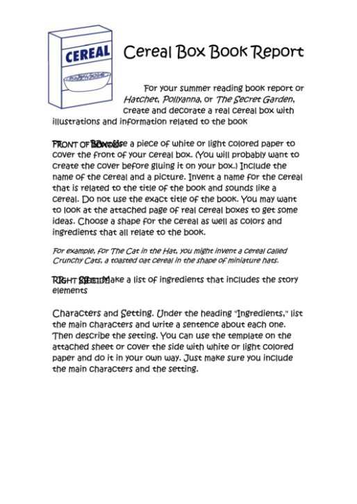 Printable Cereal Box Book Report Template  Example