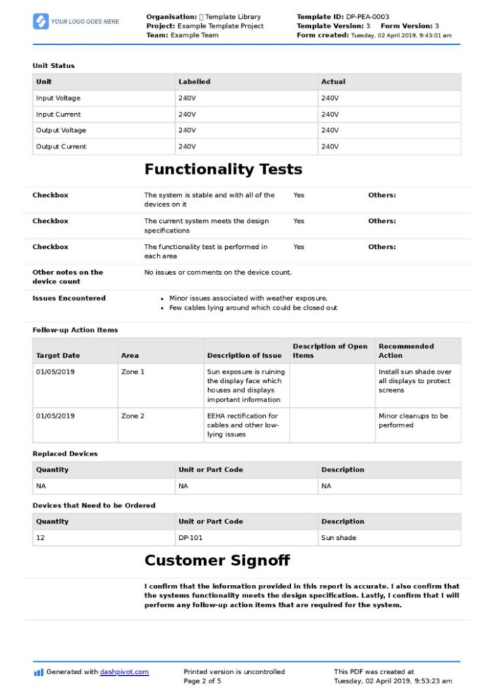 Printable Technician Service Report Template Excel