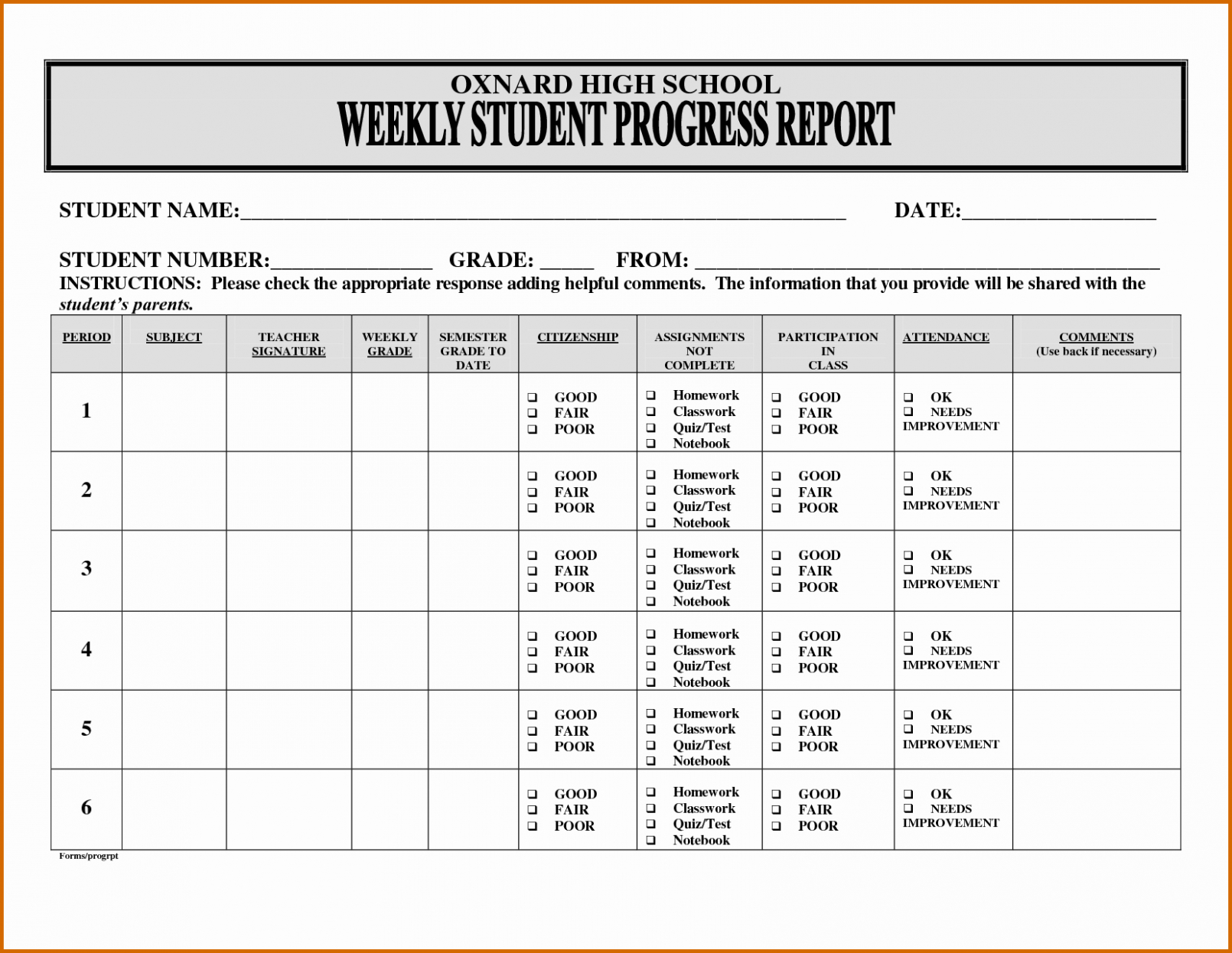 Free Editable Student Weekly Progress Report Template Word