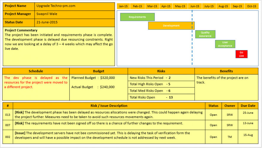 Project Management Executive Project Status Report Template Xls