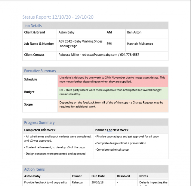 Weekly Executive Project Status Report Template