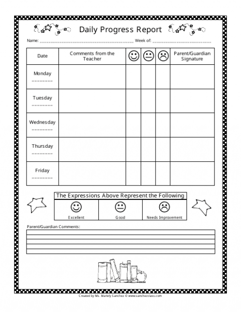 5 Printable Elementary Weekly Progress Report Template Example