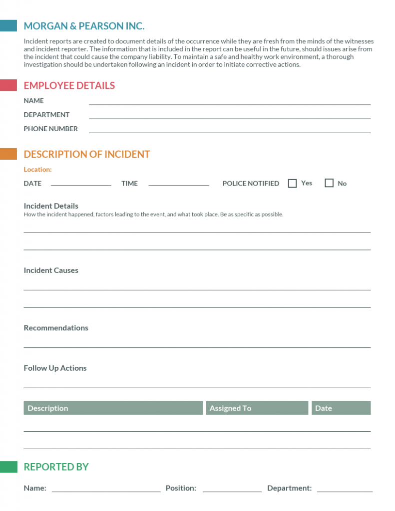 Printable Accident And Incident Report Template Sample