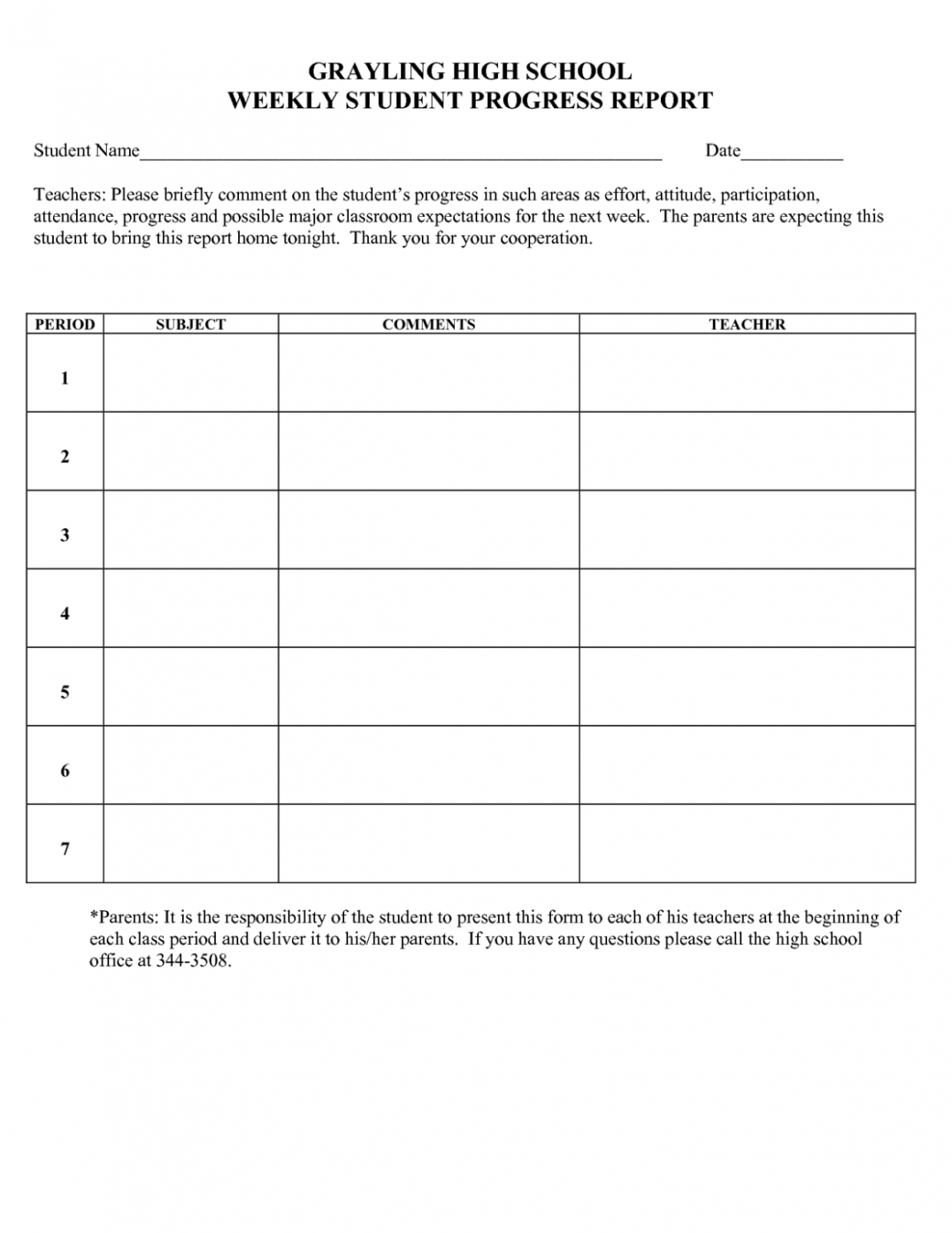 Printable Elementary Student Progress Report Template Doc