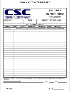 Editable Security Guard Daily Activity Report Template Excel