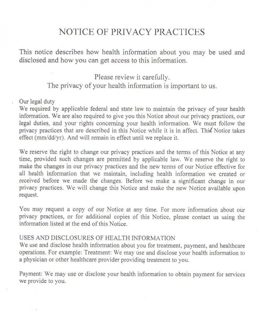 Printable Notice Of Privacy Practices Dental Template Excel Sample