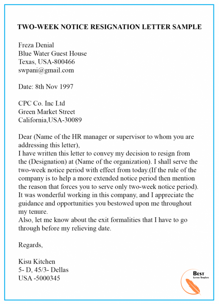 Costum Two Week Notice Resignation Letter Template  Example