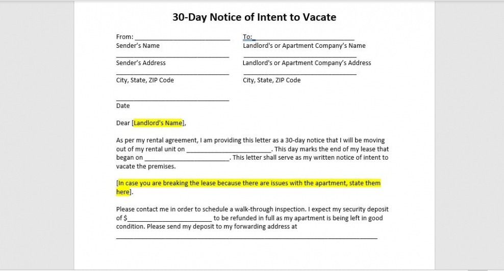 Free 30 Day Notice To Vacate Template Doc Example