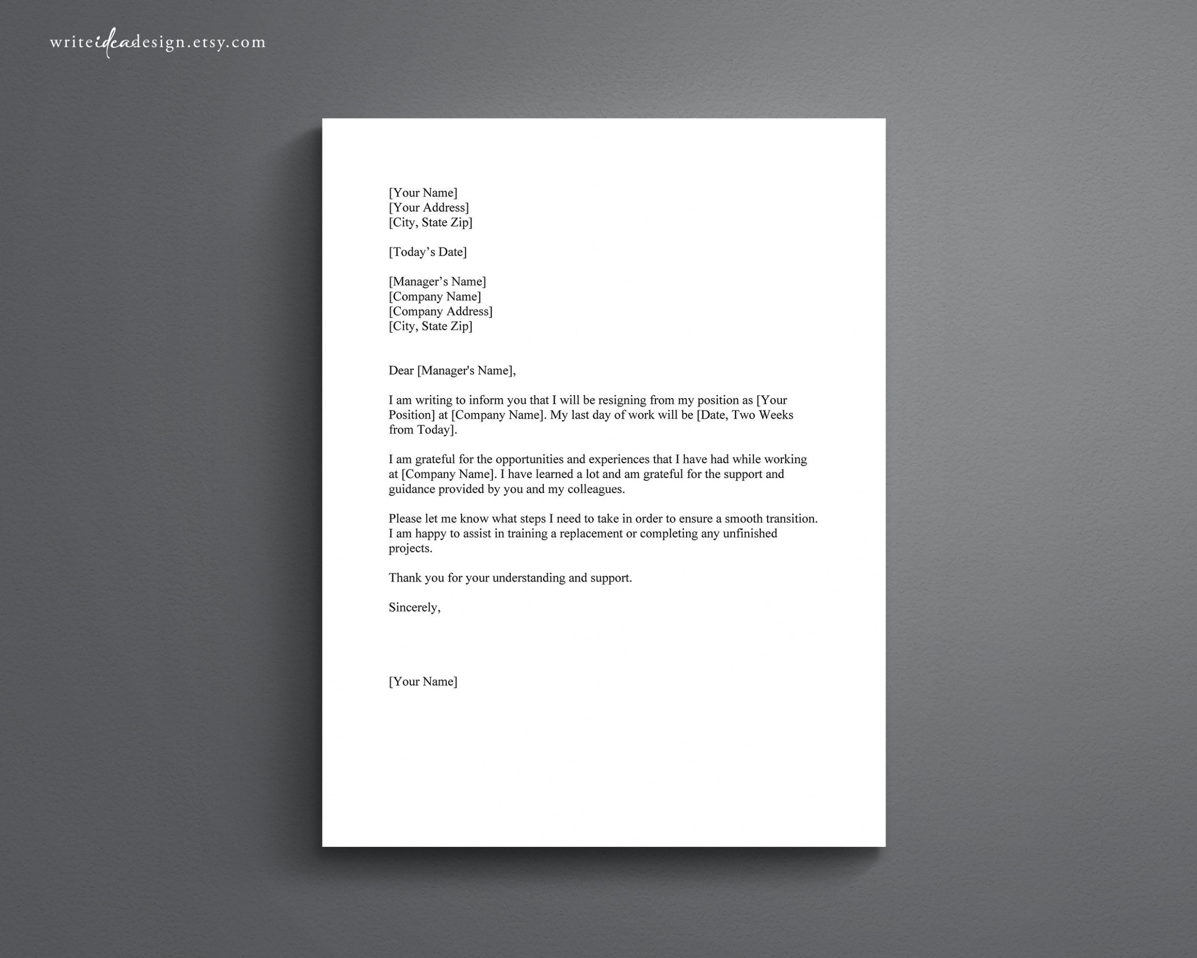 Printable Two Weeks Notice Resignation Letter Template  Sample