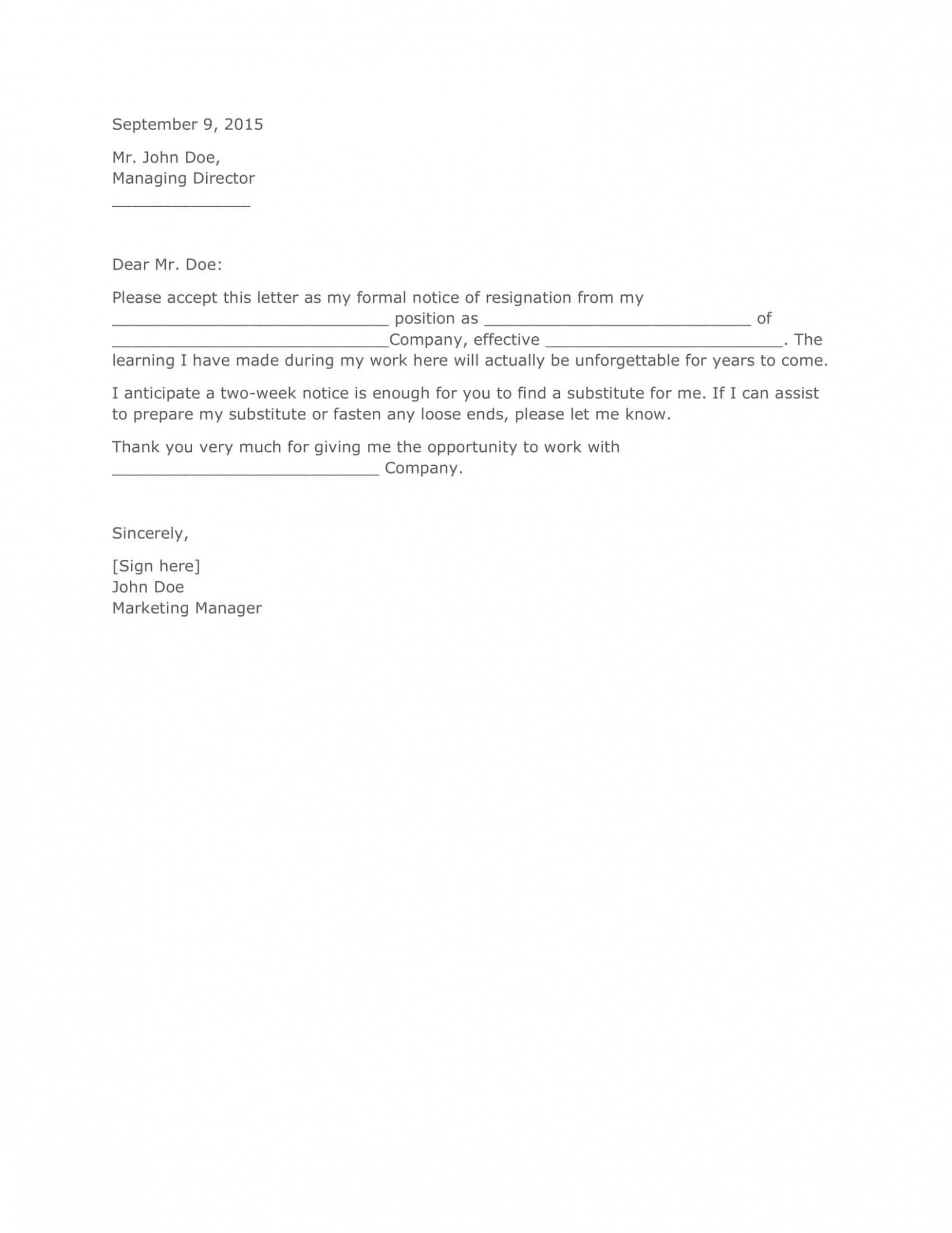 Professional Two Weeks Notice Letter Template Pdf Example