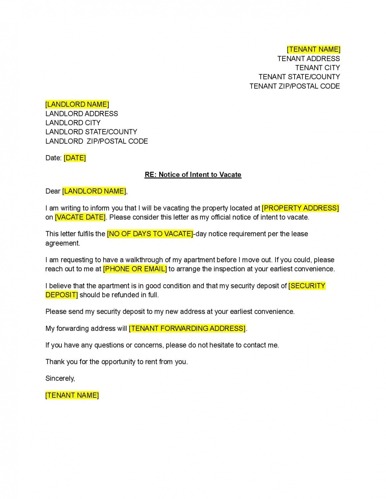 Tenant Notice To Vacate Template Word Sample