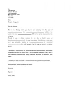 Two Weeks Notice Letter Template  Sample