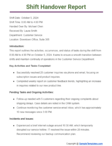 9  Shift Handover Report Template Word