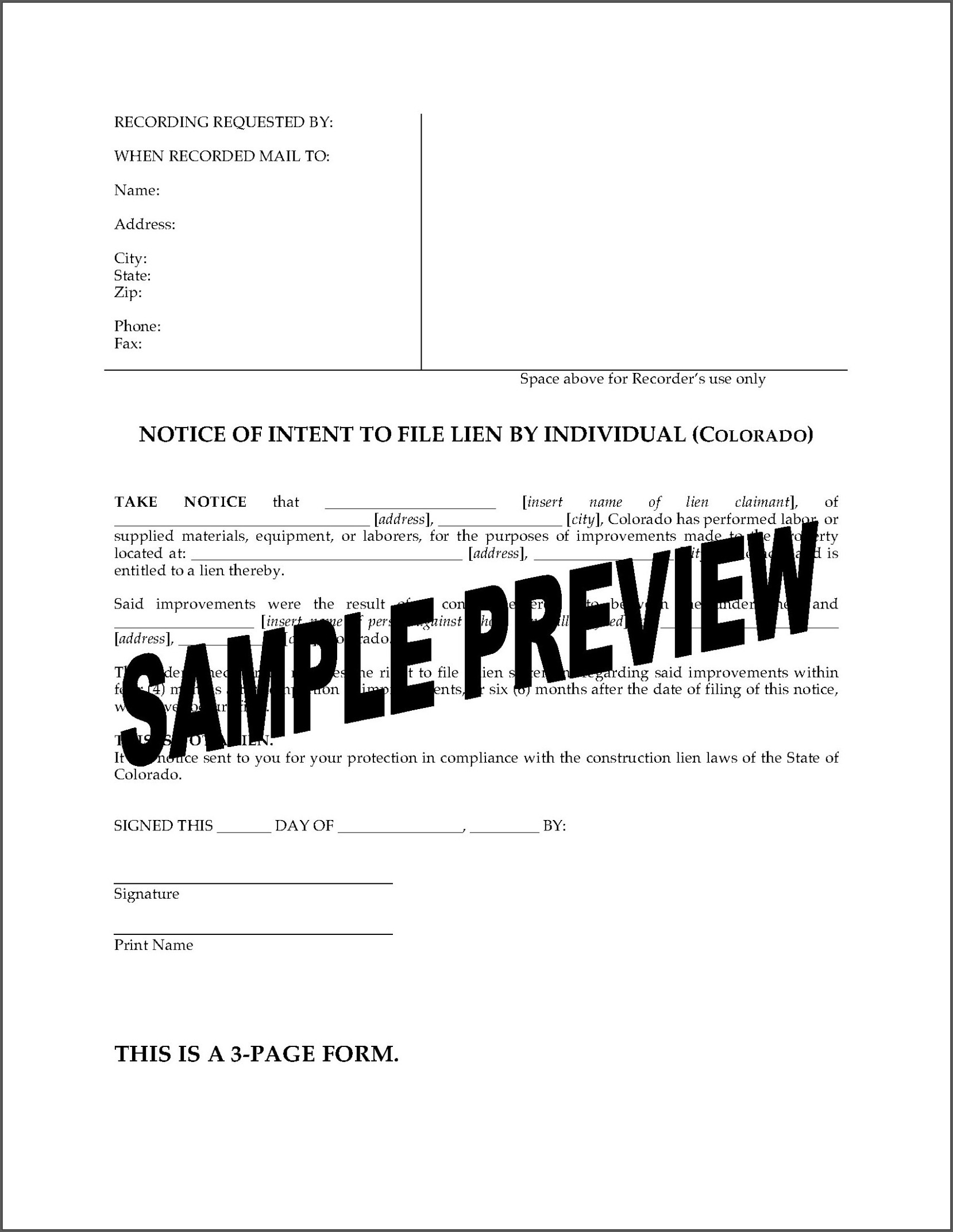 Custom Notice Of Intent To Lien Template  Sample