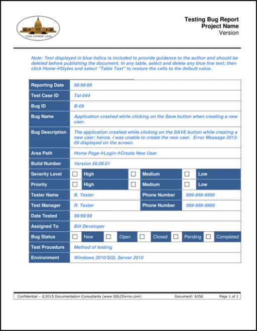 Free Printable Testing Bug Report Template Docs