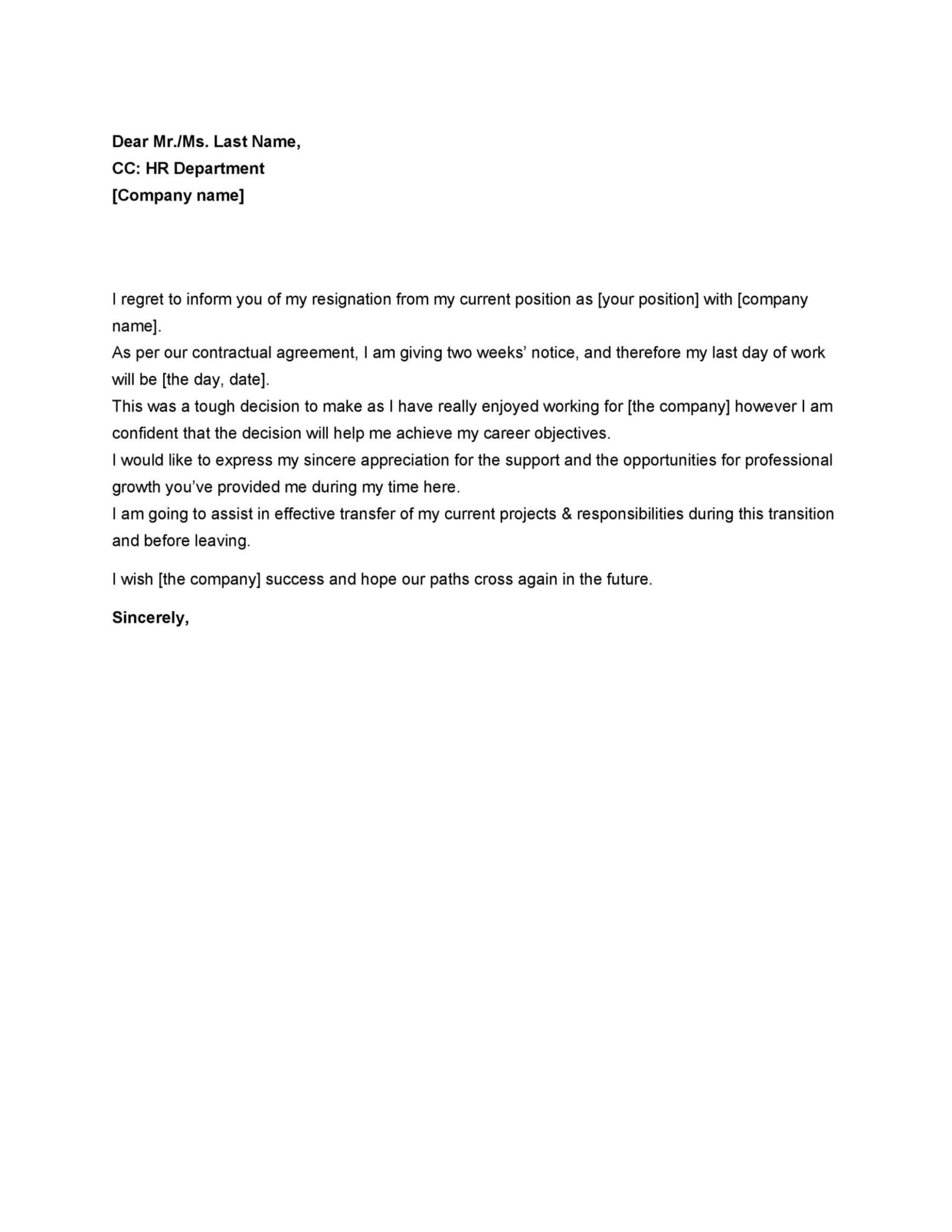 Printable Resignation Letter 2 Week Notice Template Doc - Tacitproject