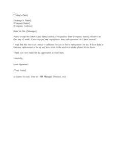 Resignation Letter 2 Week Notice Template Word Sample