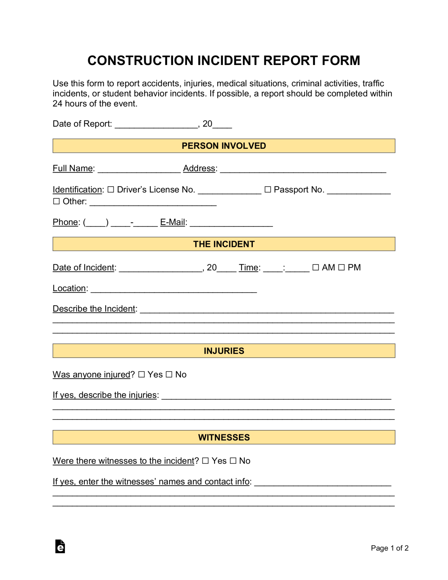 Free Editable Workplace Injury Report Template Docx