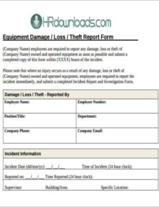 Printable Equipment Damage Report Template Example