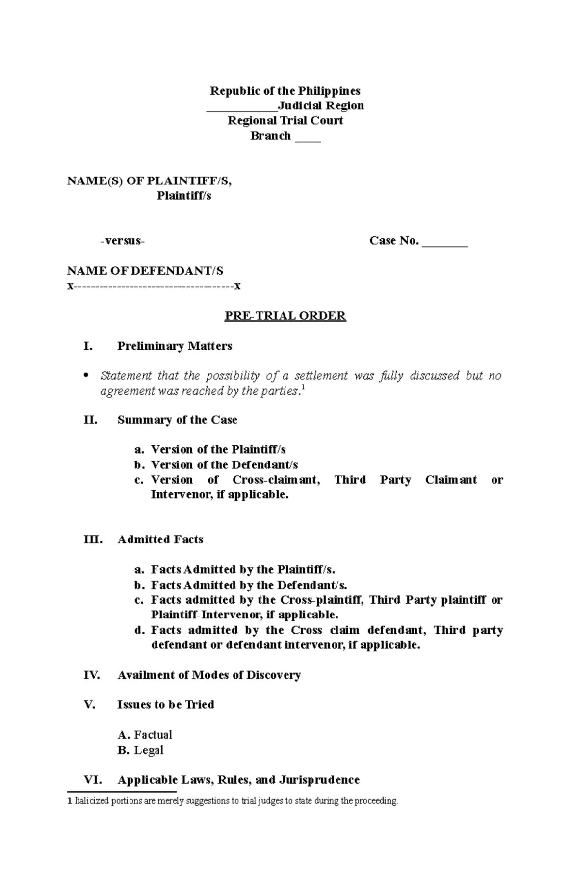 Printable Pre Trial Memorandum Template Pdf Sample