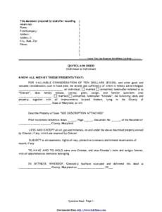 editable maryland quitclaim deed form  pdfsimpli maryland quit claim deed template sample