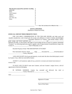 free quitclaim deed from husband to himself and wife  maryland fill out maryland quit claim deed template sample